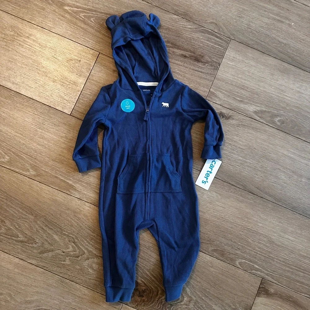 Carters Baby Boy Navy Blue Waffle Knit Hooded Jumpsuit Bear Ears 9M NWT